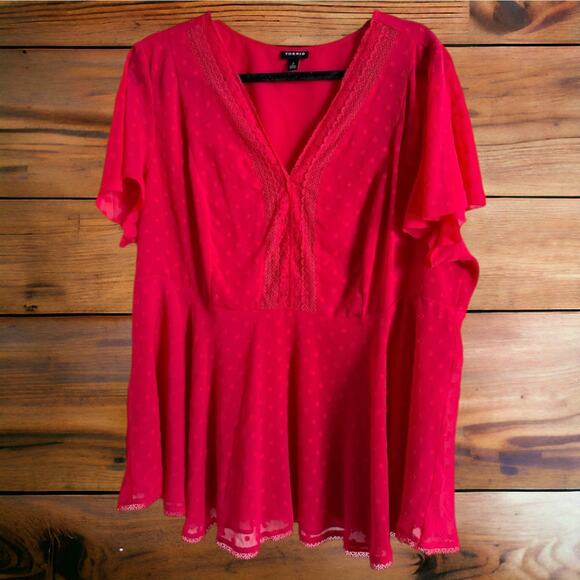 Torrid Womens Blouse 2 2X 18 20 Viva Magenta Peplum Chiffon Clip Dot Lace Inset - Picture 5 of 9